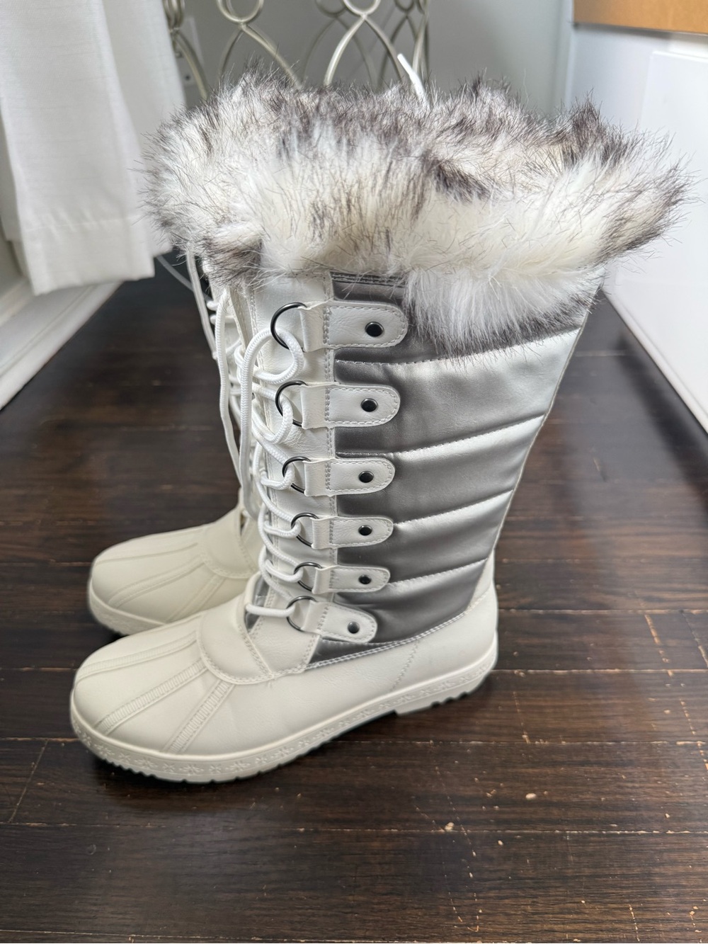 JustFab White and Silver Faux-Fur Lace-Up Winter Boots